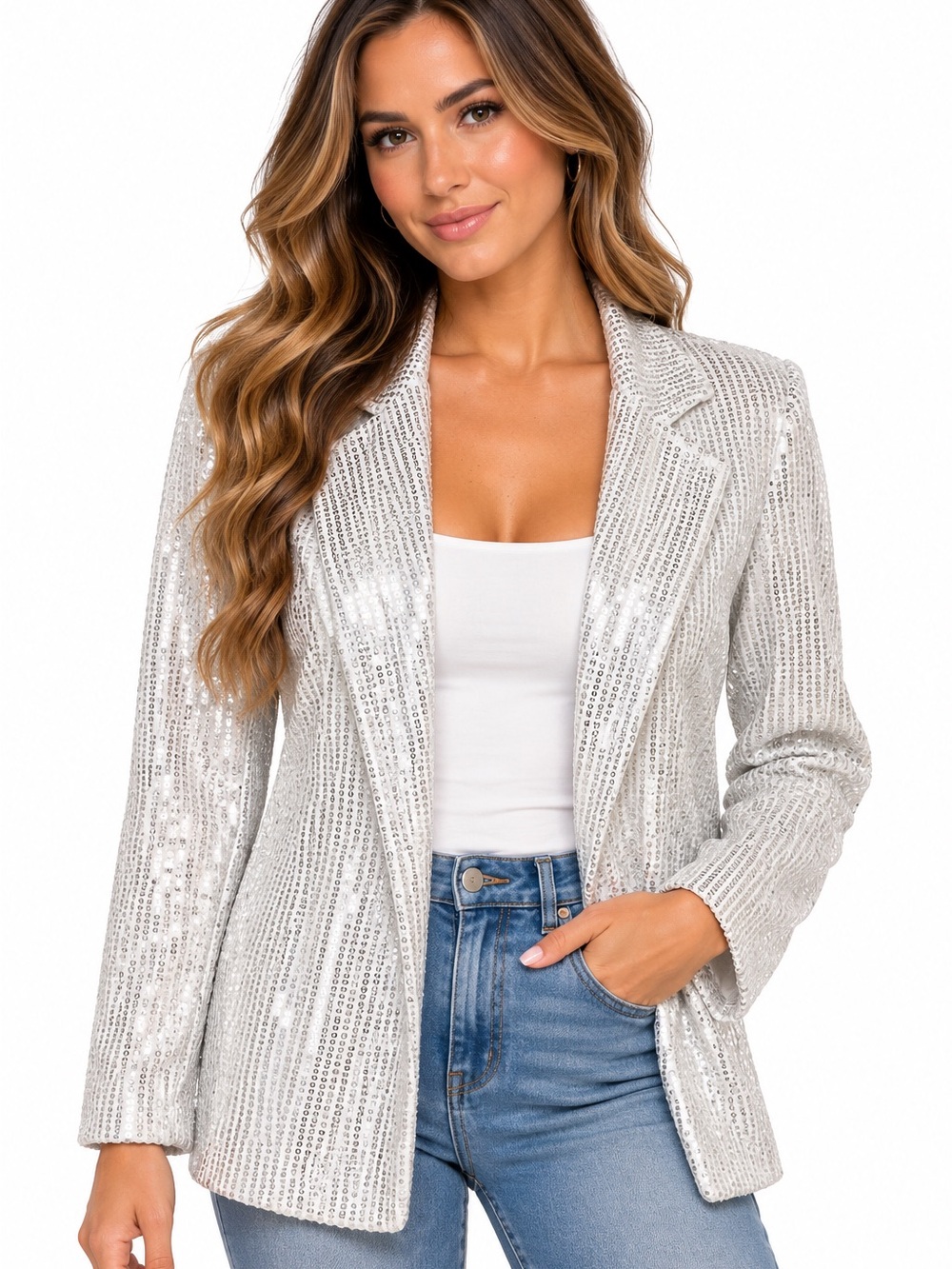 Silver Sequin Blazer Jacket - Women's Shimmer Coat